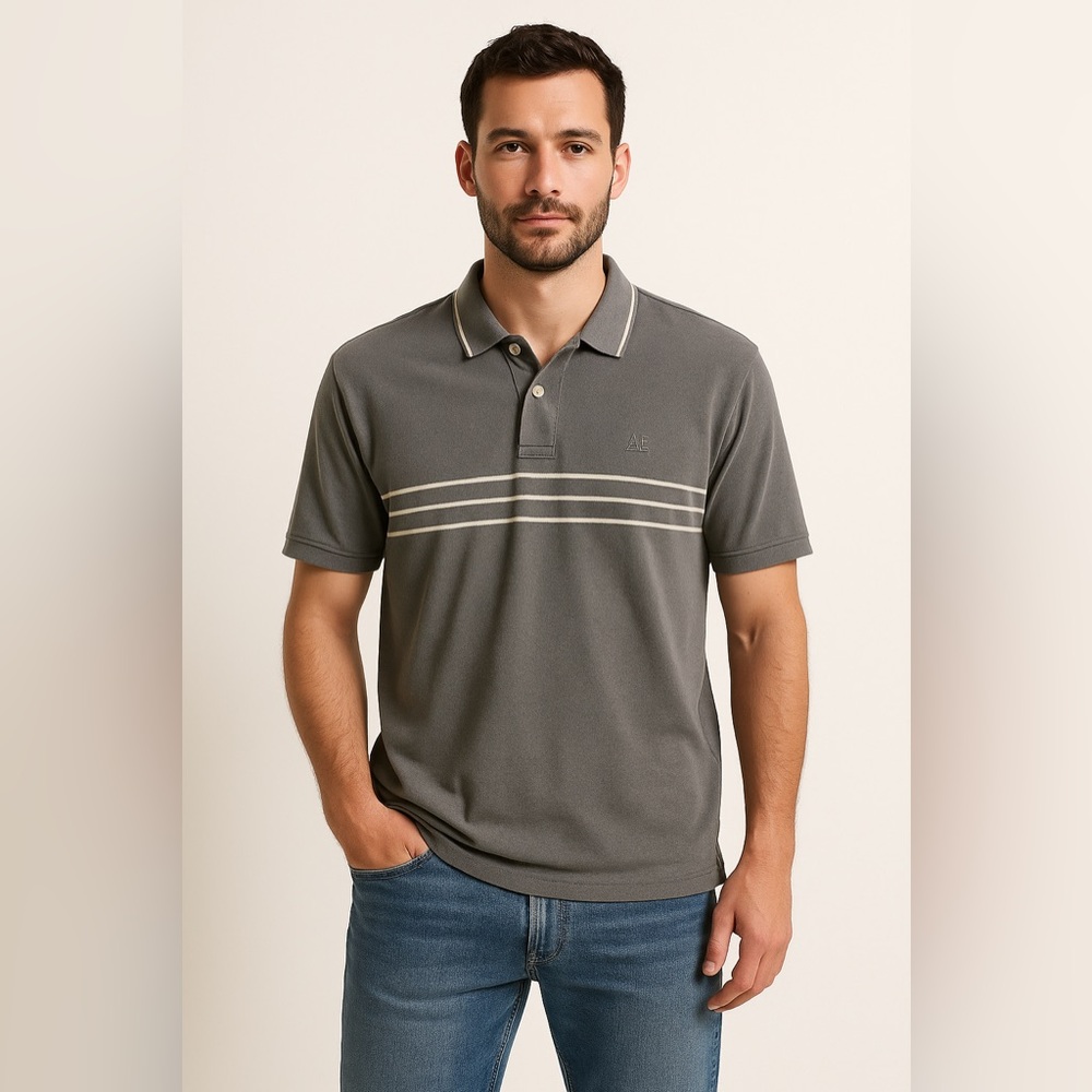 American Eagle Soft-Wash Polo Shirt | Charcoal Gray w/ Cream‎ Stripes Large
